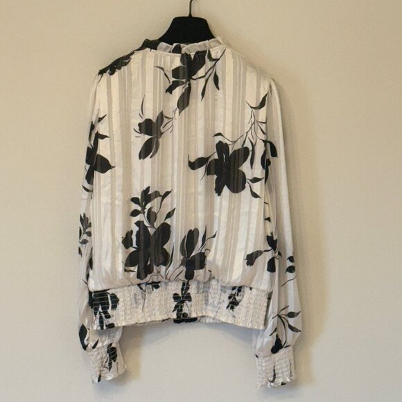 Autres Filles Black & White Floral Blouse w/ Thin Gold Metallic Stripe, Large - Picture 4 of 10